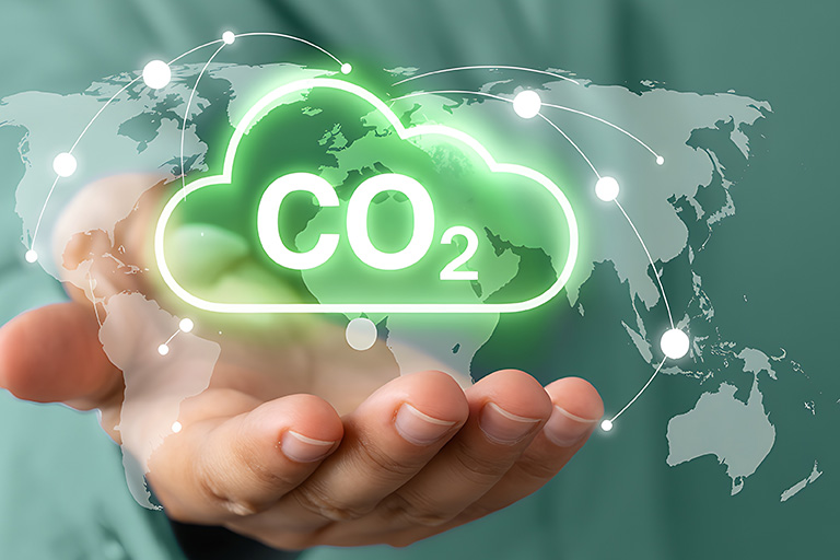 A hand holding a green cloud graphic with CO2 overlaid, behind the cloud is an overlay of the world map.