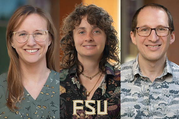 A panel collage of headshots, from left, assistant professor of geology Emily Stewart, geology doctoral student Lindsi Allman and assistant professor of meteorology Michael Diamond